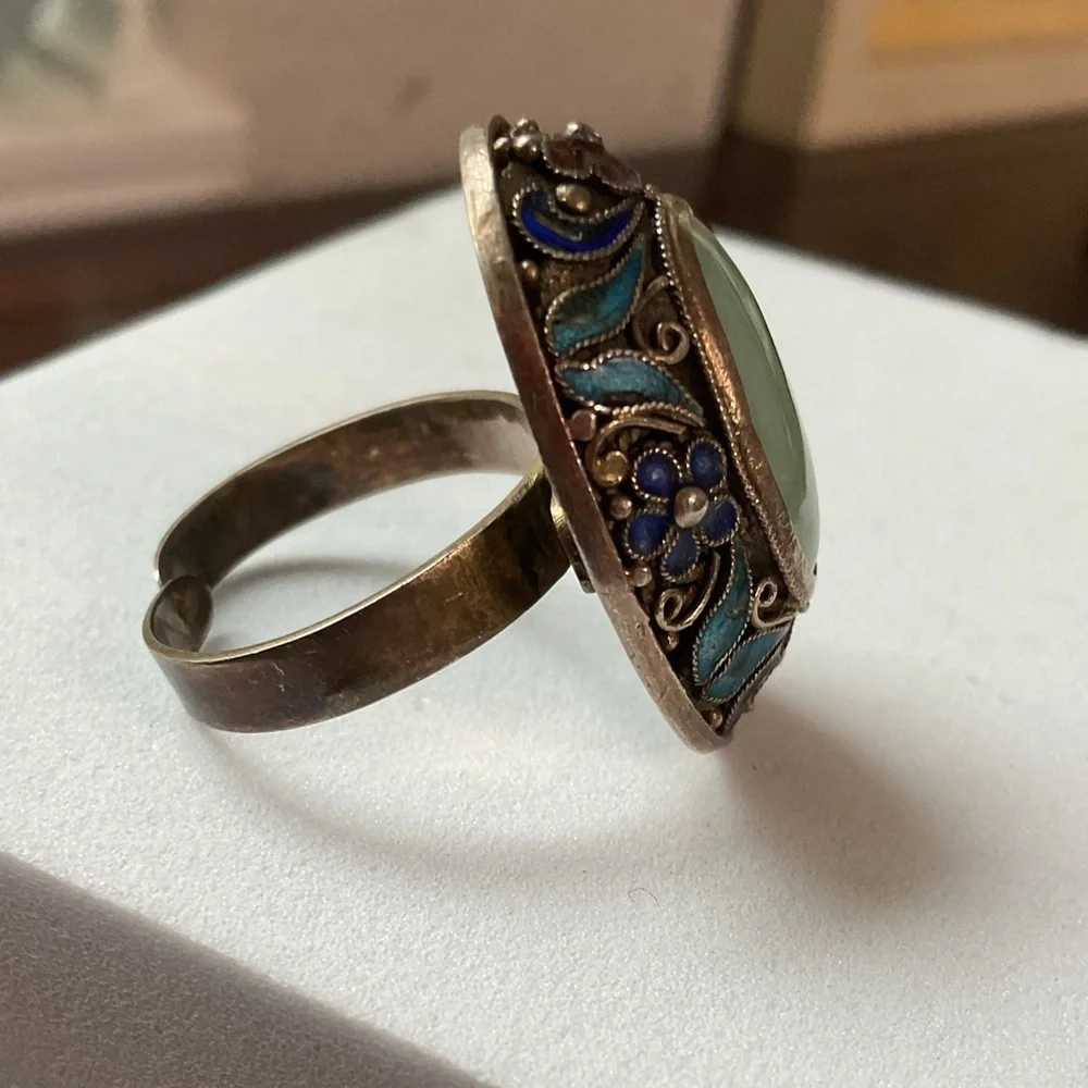 Vintage Chinese Export Jade Enamel Floral Adjustable Ring
